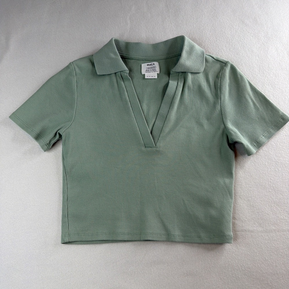 RVCA Selects Ribbed Crop Polo Top Women's Small Sage Green Stretch Casual